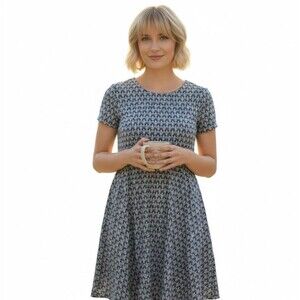 Talbots A-Line Swing Dress Size 12 Blue Fan Print Fit Flare Short Sleeve